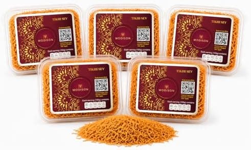 BalGokul Foods Tikhi Sev – Spicy & Crispy Authentic Gujarati Namkeen | Teekha Gathiya Snacks | Traditional Indian Savoury Munchies – 900g (Pack of 5)